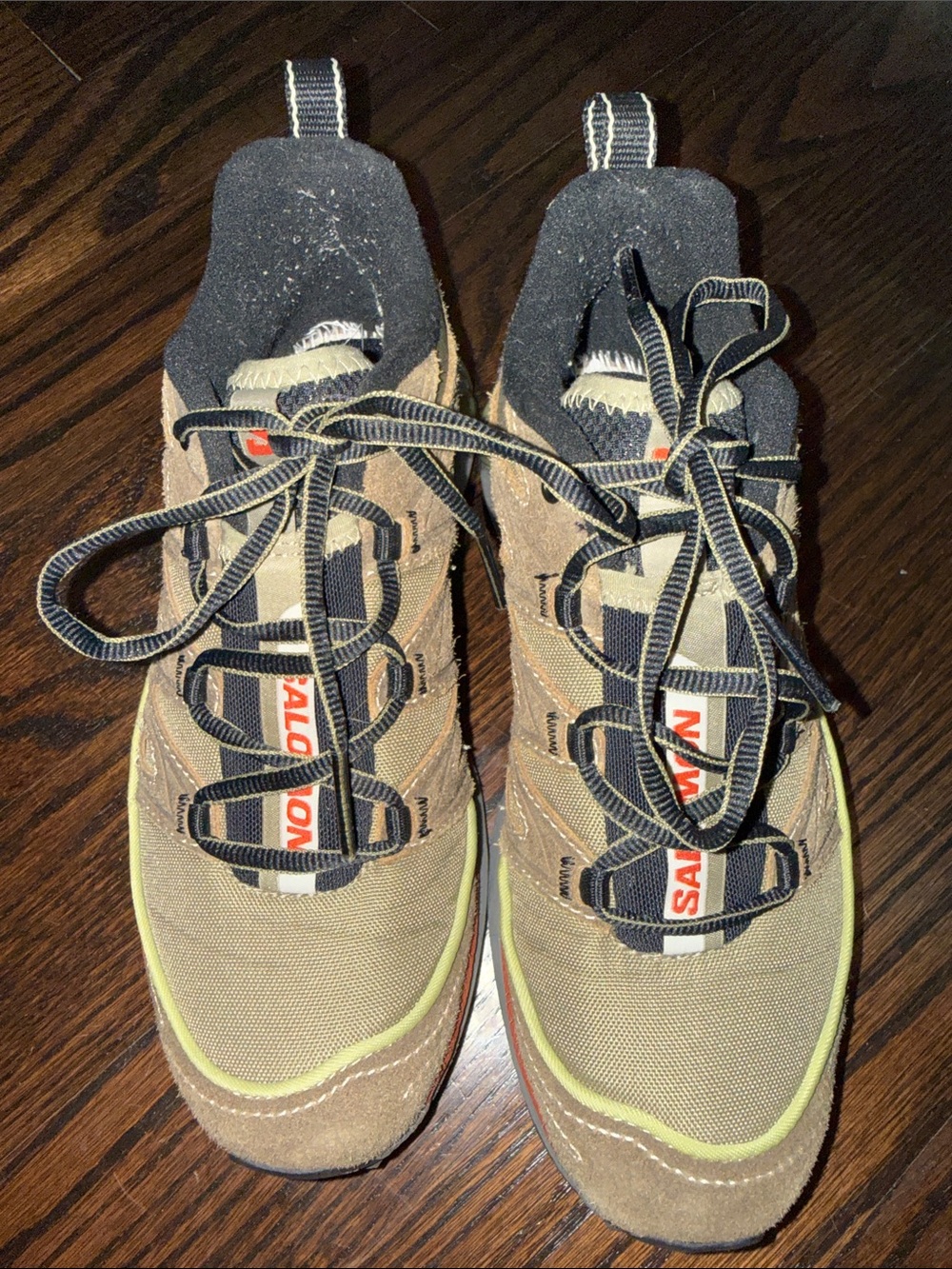 Salomon Men's Tan and Black Trail Sneakers with Lime Accents